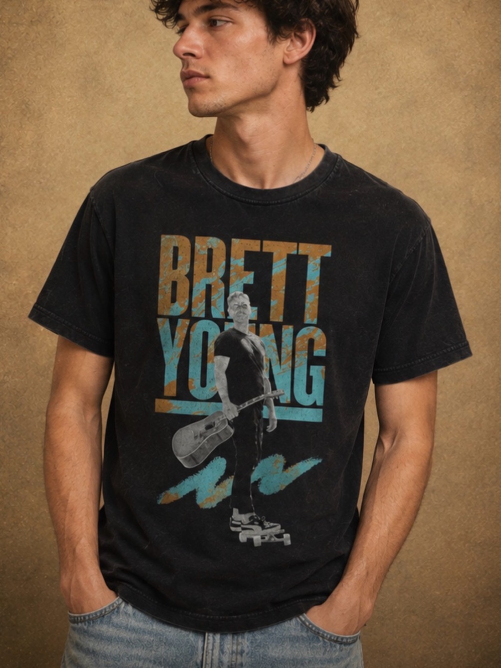 Brett Young Black Short-Sleeve Graphic Tee with Blue & Tan Lettering